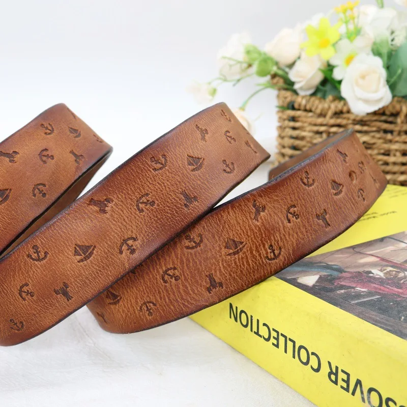 女性のファッション手作り本革ベルトトップレイヤー牛革パーソナライズされたパターン多用途ジーンズ銅バックルカジュアルベルト