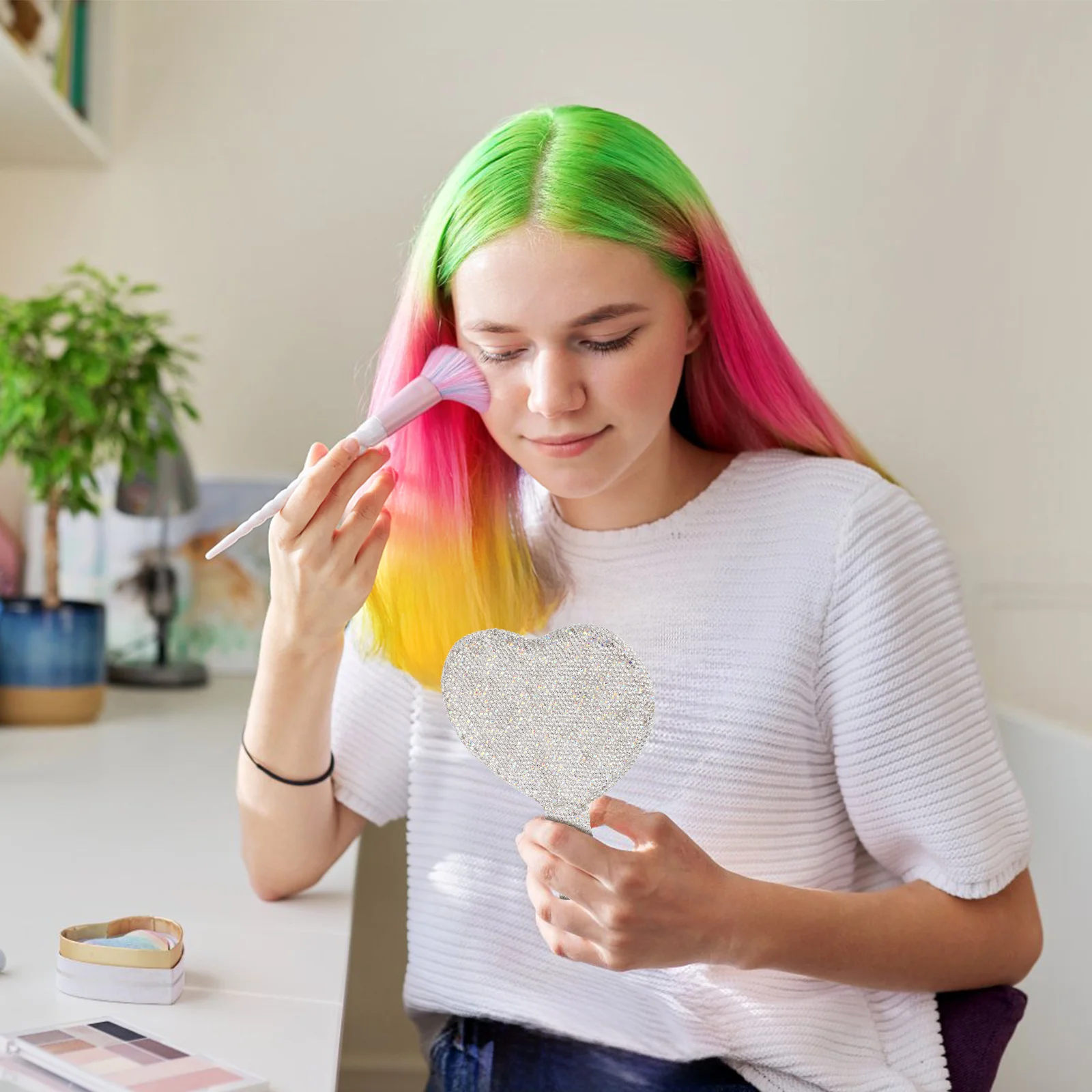 Heart Shape Rhinestone Bling Mirror Single Sided Handheld Portable Travel Makeup Vanity Mirror Handheld Vanity Mirror,