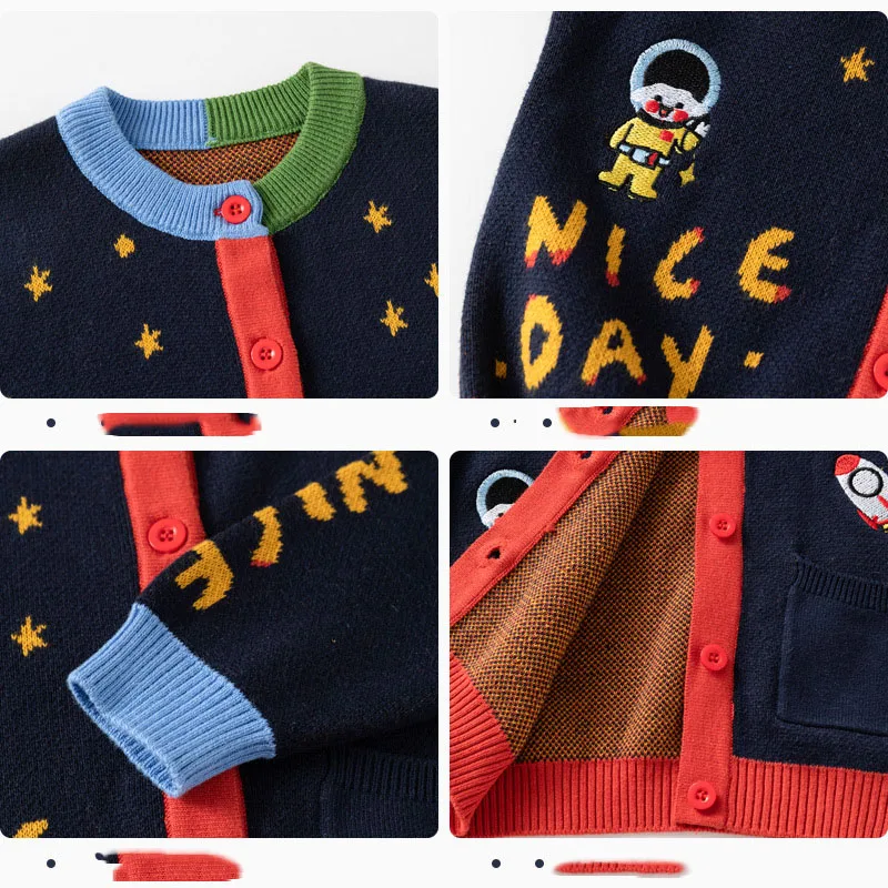 Spring Autumn 2-6 Year Children Boy Cardigan Astronaut Star Patchwork Little Boys Sweater Colorful Side Packet Baby Boy Knitwear