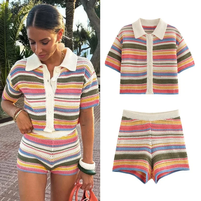 

Spring Summer New Outfit Crochet Polo Shirt Collar Knit Top Shorts Set Two-piece Set Short Sleeve Knit Cardigan Top Shorts Beach