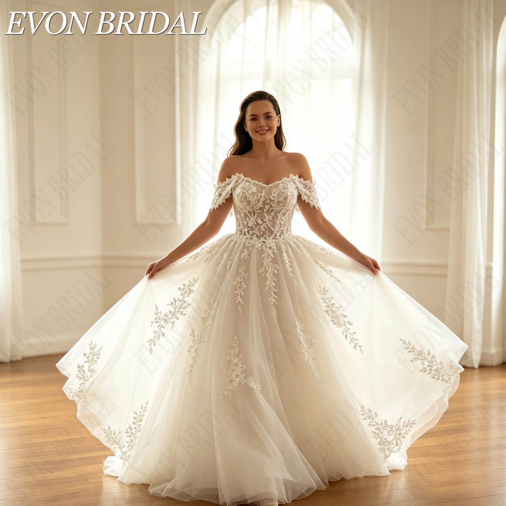 EVON BRIDAL Plus Size Off The Shoulder Wedding Dress Lace Appliques A-Line Bridal Dresses Garden Backless Brautkleid Customized