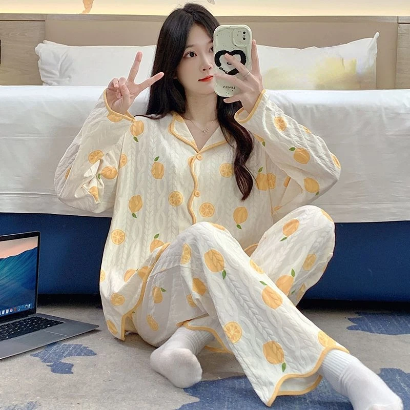 2024 New Pajamas Women Autumn Winter Cartoon Sleepwear Girl Student Cardigan Long Sleeved Homewear Long Pants Loungewear Set