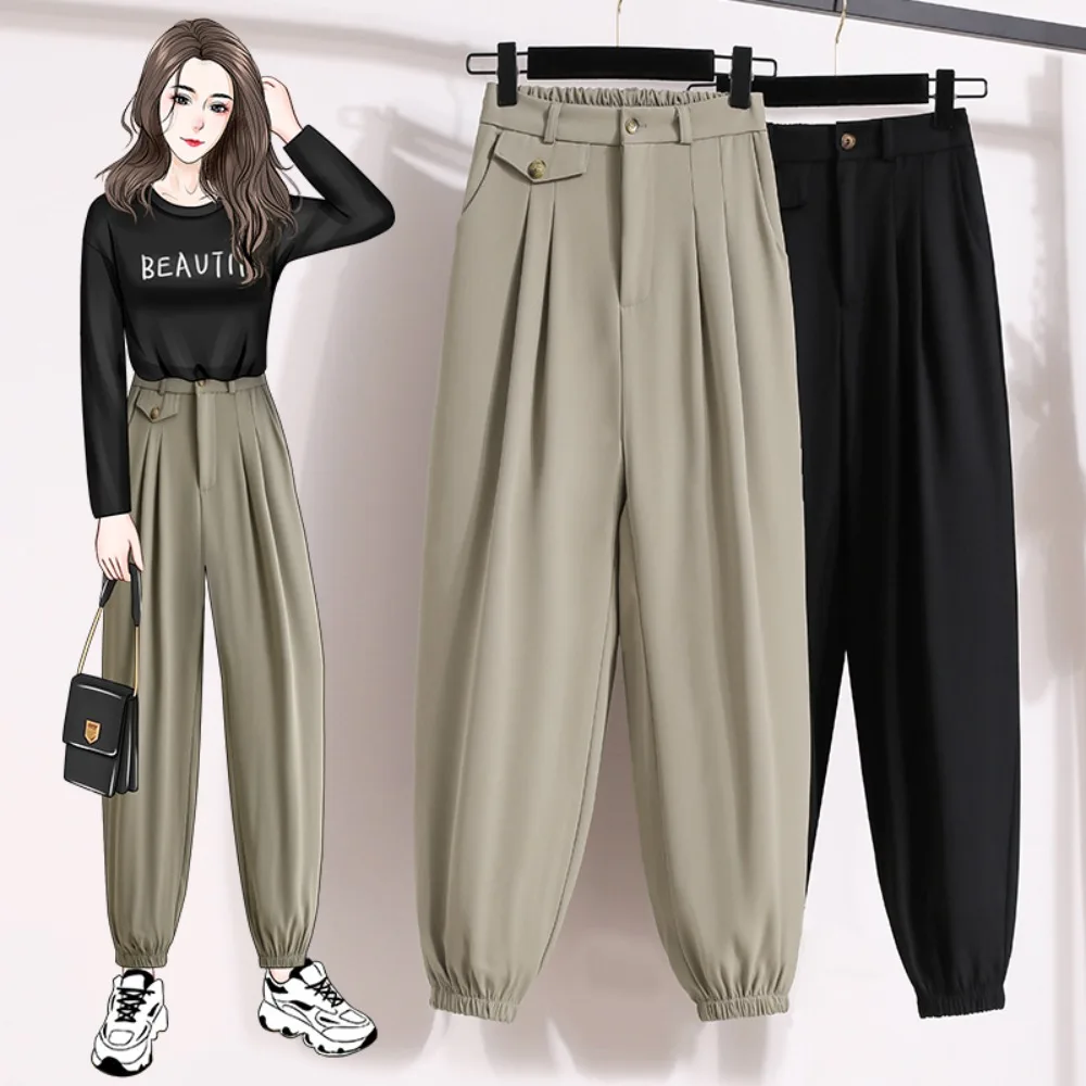 

Casual High Waist solid Pockets lantern Slim Straight Tube Full Length Pants Korean Fashion Summer Plus Size Clothing