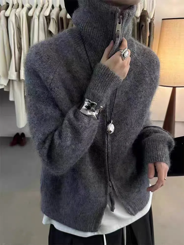 

Autumn and winter double zipper cashmere cardigan women's high-necked thick sweater coat loose slim sweater coat