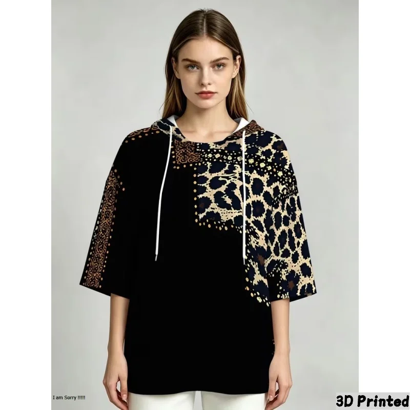 Ladies Autumn Half Sleeve Hooded Casual Versatile Pullover 3D Leopard Print Gradient Color Hoodie Comfortable Loose Streetwear