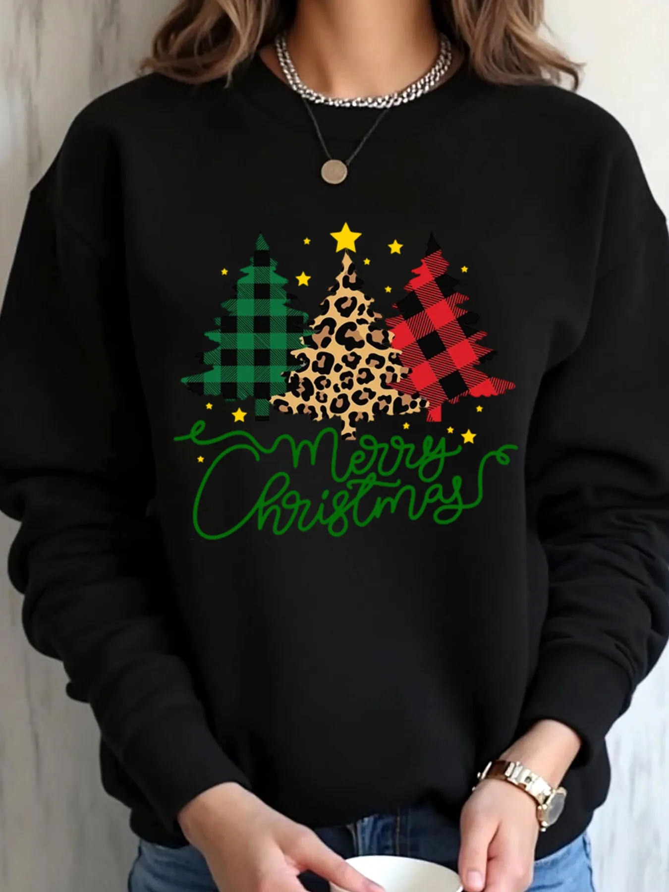 Sweat-shirt surdimensionné pour femmes, imprimé arbre à carreaux léopard de noël, vêtements d'extérieur joyeux noël