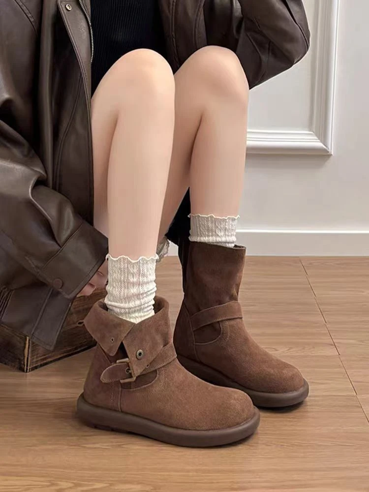 2026 AW Trendy Maillard Color Block Platform Wedge Womens Short Boots Western Inspired Stackable Leg Two Style Wear Shoe