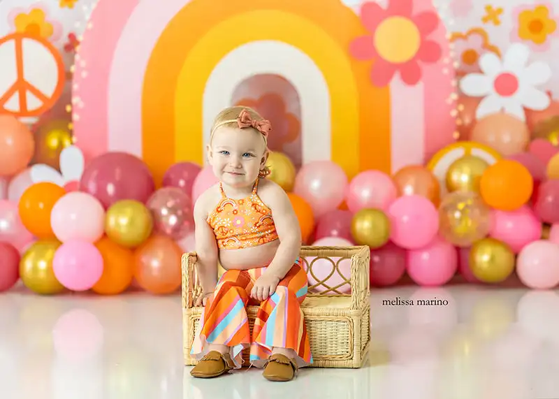 Groovy One lights Photography Backdrop Kids Baby 1st Birthday Party Decors Floral Arch Child Family Girls Photocall Backgrounds