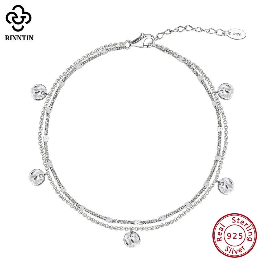 Rinntin Genuine 925 Sterling Silver Layered Cuban Chain Anklet with Coin Bead for Women Summer Foot Chain Straps Jewelry SA64