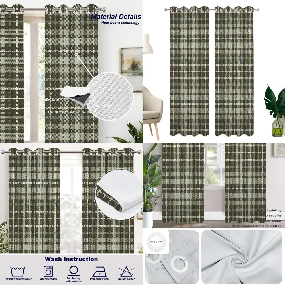 

Шотландские зеленые и коричневые плотные шторы в клетку тартан с термоизоляцией, 52x84 дюймов, набор из 2 панелей для спальни
