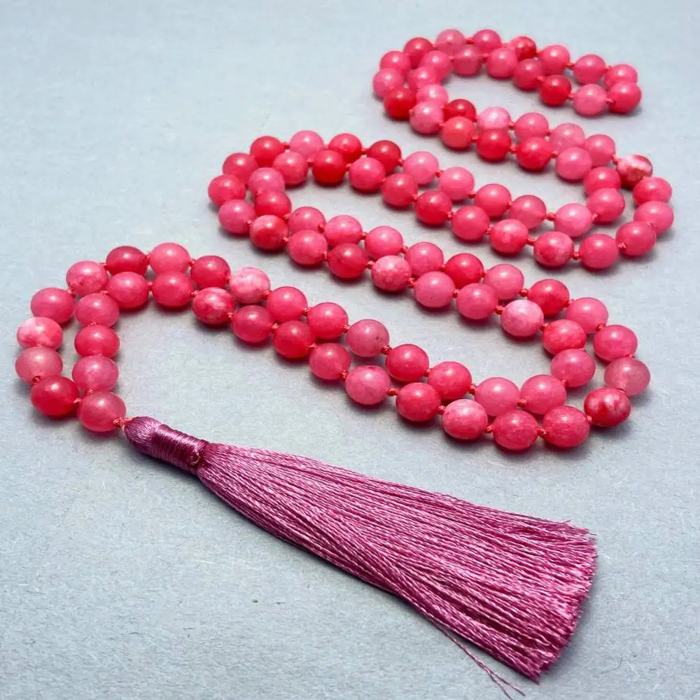 

Natural Rhodonite 108 Beads Mala Necklace with Pink Tassel Spiritual Meditation Jewelry