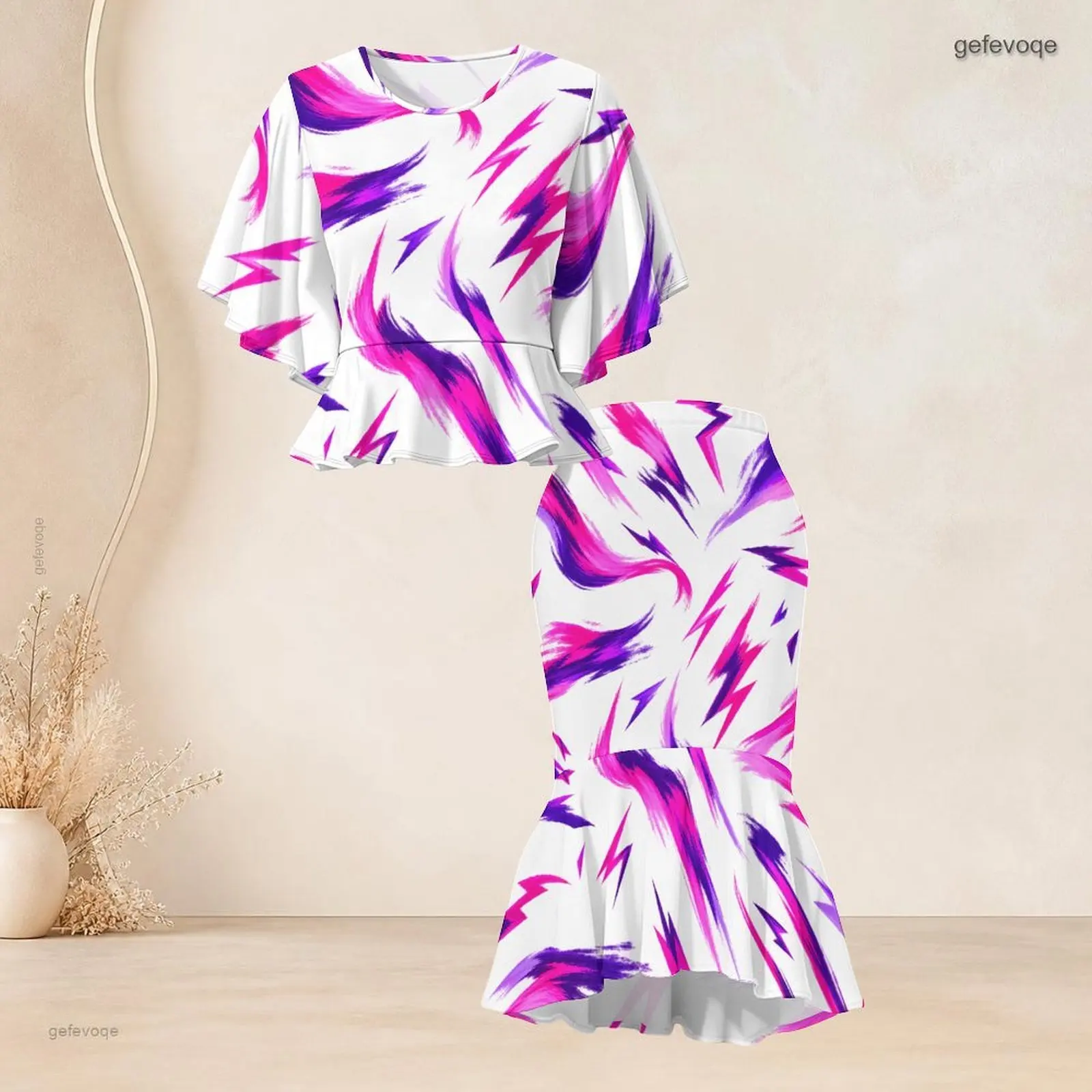Women White Pink Purple Lightning Brush Print Round Neck Ruffle Top Fishtail Skirt Two Piece Set