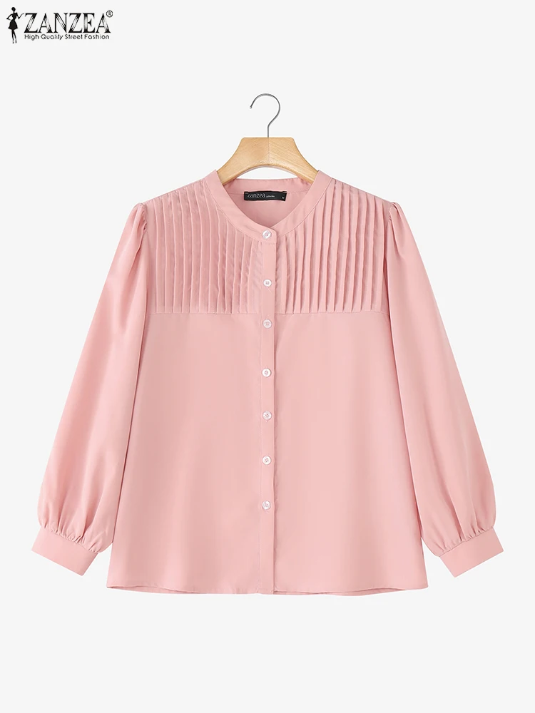 Camisas de oficina de otoño ZANZEA, Tops de manga larga con cuello levantado para mujer, blusa plisada lisa, camisa de trabajo OL elegante para mujer, Blusas con botones
