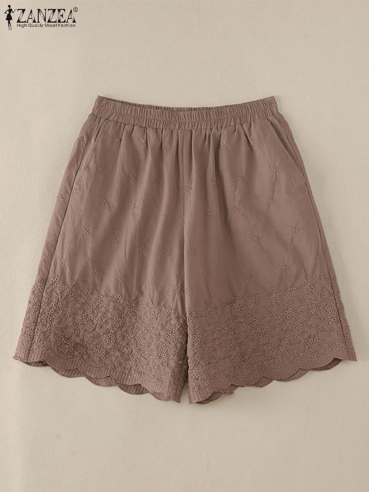 ZANZEA-Short décontracté brodé à taille élastique pour femme, pantalon court élégant, bordure en dentelle, mode été 2024