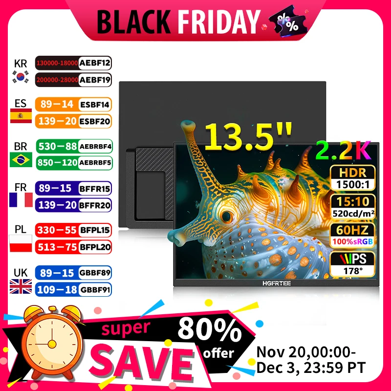 

HGFRTEE 500cd/m2 13.5Inch Portable Monitor 2.2K 100%sRGB with HDMI Type-C Gaming External Display for Laptop PS4/5 Swtich Xbox