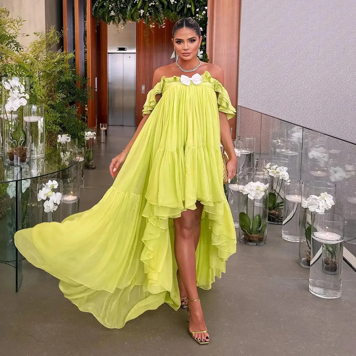 

2024 Summer High Low Green Dress Ruffled Off Shoulder Chiffon Formal Party Dresses vestidos para mujer Holiday Event Gala Dress