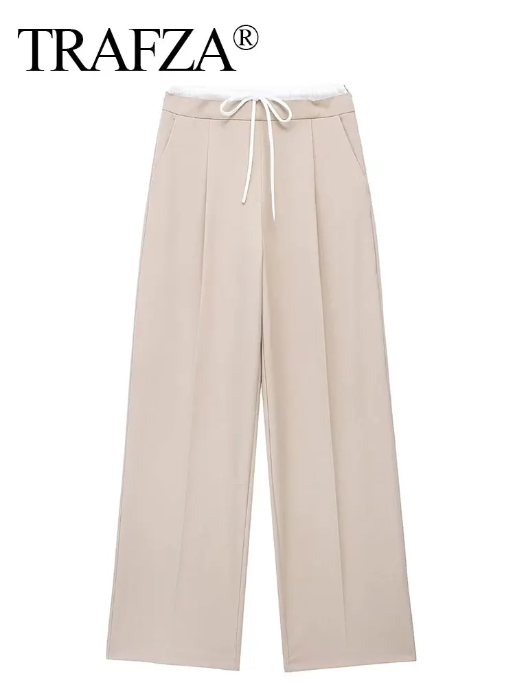 TRAFZA Pant For Women Splice Design Pants Drawstring Straight Pant Casual Loose Wide Leg Trousers 2024 Spring Solid Basic Pants