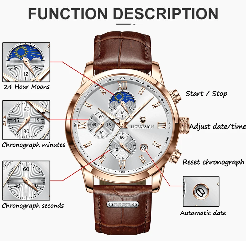 LIGE Men Watch Luxury Moon Phase Chronograph Quartz Wristwatch Business Male Clock 30M Waterproof Luminous Calendar Reloj Hommes