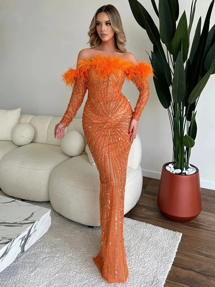 Party Evening Off Shoulder Mesh Sequins Feather Maxi Long Orange Bodycon Dress Elegant  Ball Gowns