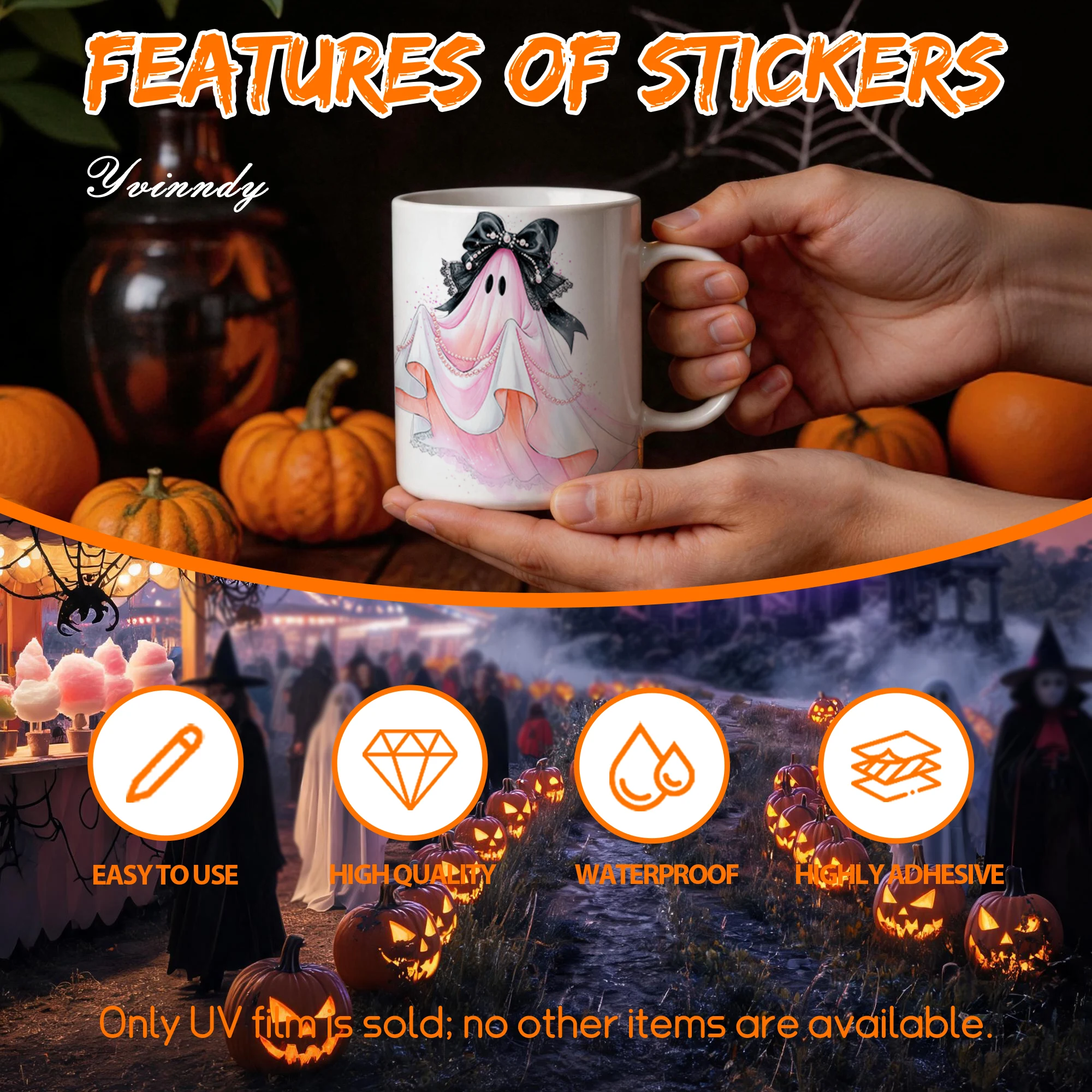 12PCS/Set Of Watercolor Halloween Ghost Design Made With Waterproof Durable High-quality UV DTF Transfer Sticker DIY Gift NO Cup