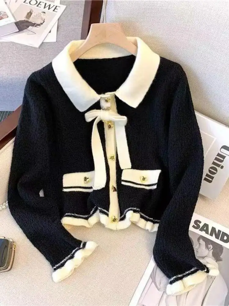 

Осень-зима, черный, бежевый лоскутный вязаный свитер с длинными рукавами, французская мода, женские элегантные однобортные топы с бантом, винтажные