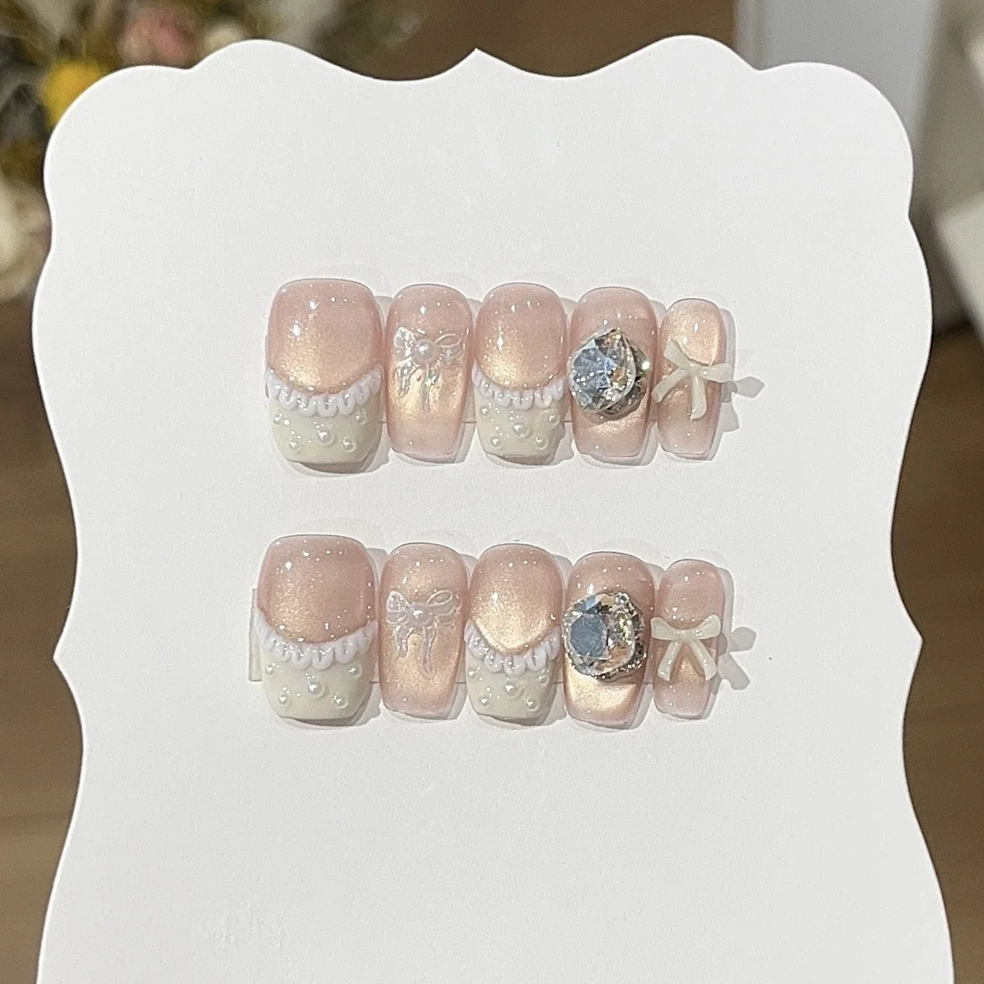 10 szt. Francuskie Kwadratowe Ręcznie Robione Paznokcie Naklejane Efekt Kociego Oka Sztuczne Paznokcie z Kokardką 3D Sztuczne Paznokcie Накладные Ногти