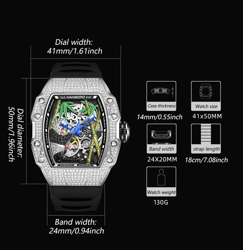 HANBORO New Trendy Men Automatic Watch Luxury Brand Mechanical watch for men Wristwatch Luminous Tonneau Fashion Man watches