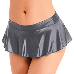 Womens Glossy Ruffled Short Mini Skirt Solid Color Low Rise Sexy Miniskirt Nightwear Pool Party Beach Bikini Bottoms Cover Ups