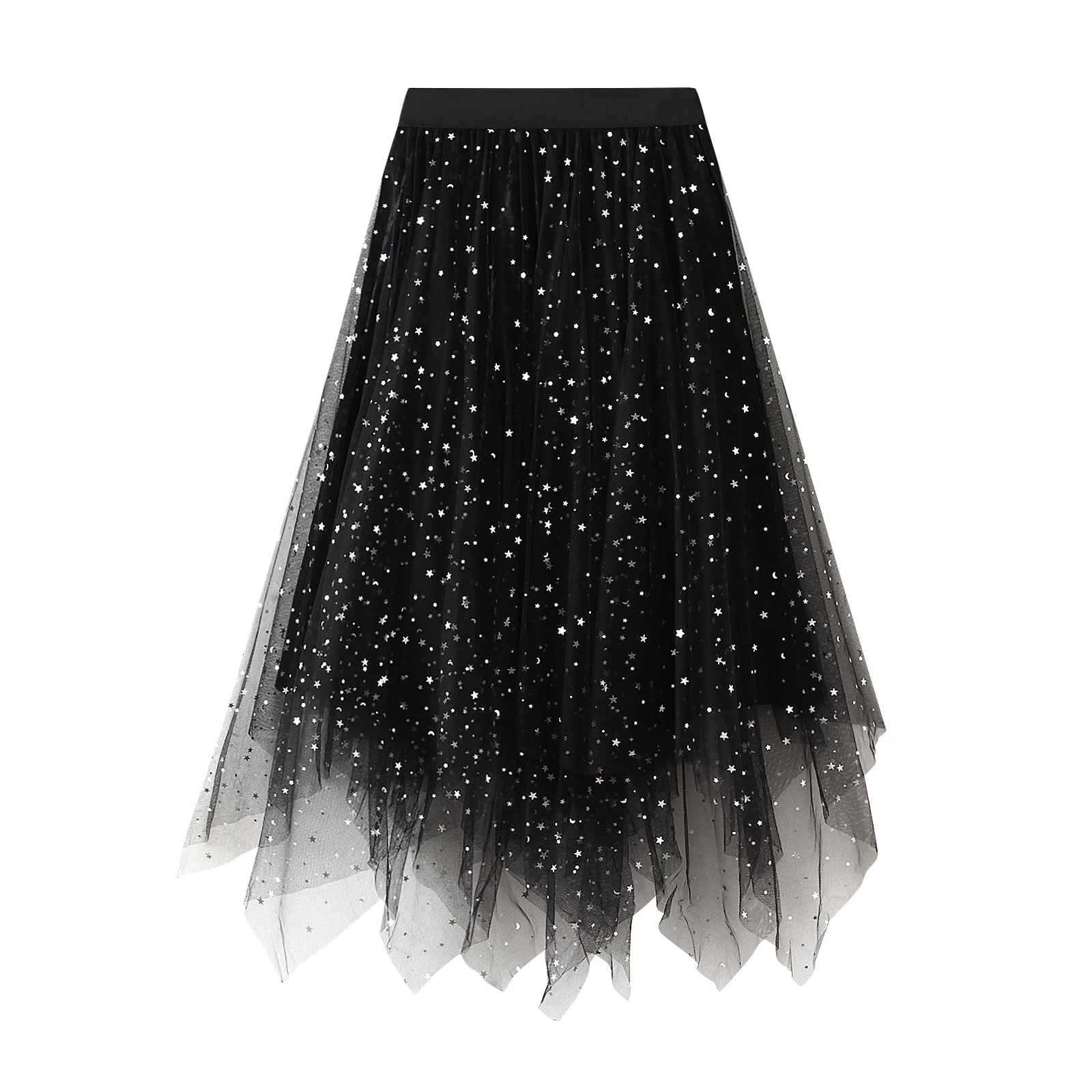 

Women Irregular Tulle Tutu Skirt Casual Shiny Star Sequin Elastic Mesh Princess Skirt for Streetwear