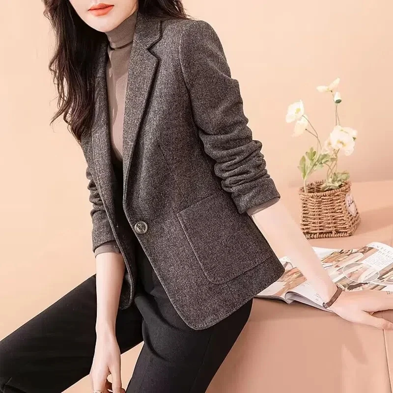 Dark Gray Thickened Suit Coat Women\'s Wool Coat 2022 Autumn Winter One Button Fashion Long Sleeve Woolen Suit Coat Female Blazer