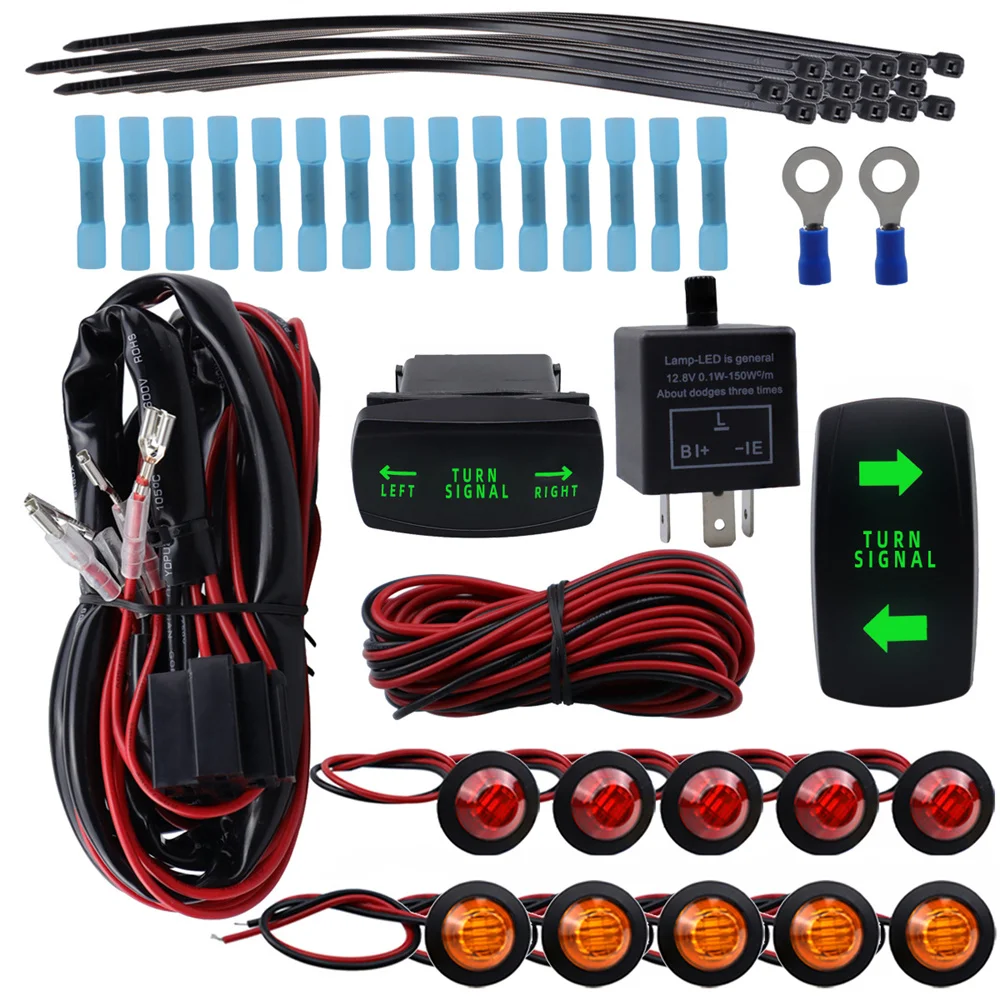 ATV UTV Turn Signal Kit Street Legal Kit with Turn Signal Light Rocker Switch Flasher Relay Fuse Line LED Lamp for SXS Dirt Bike