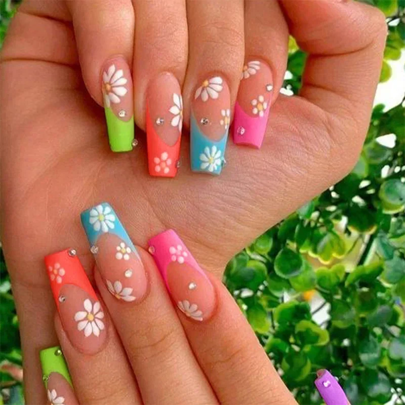 24 pçs cores brilhantes imprensa em unhas longas ballet unhas falsas com cola moda francês acrílico imprensa no prego cobertura completa dicas de unhas