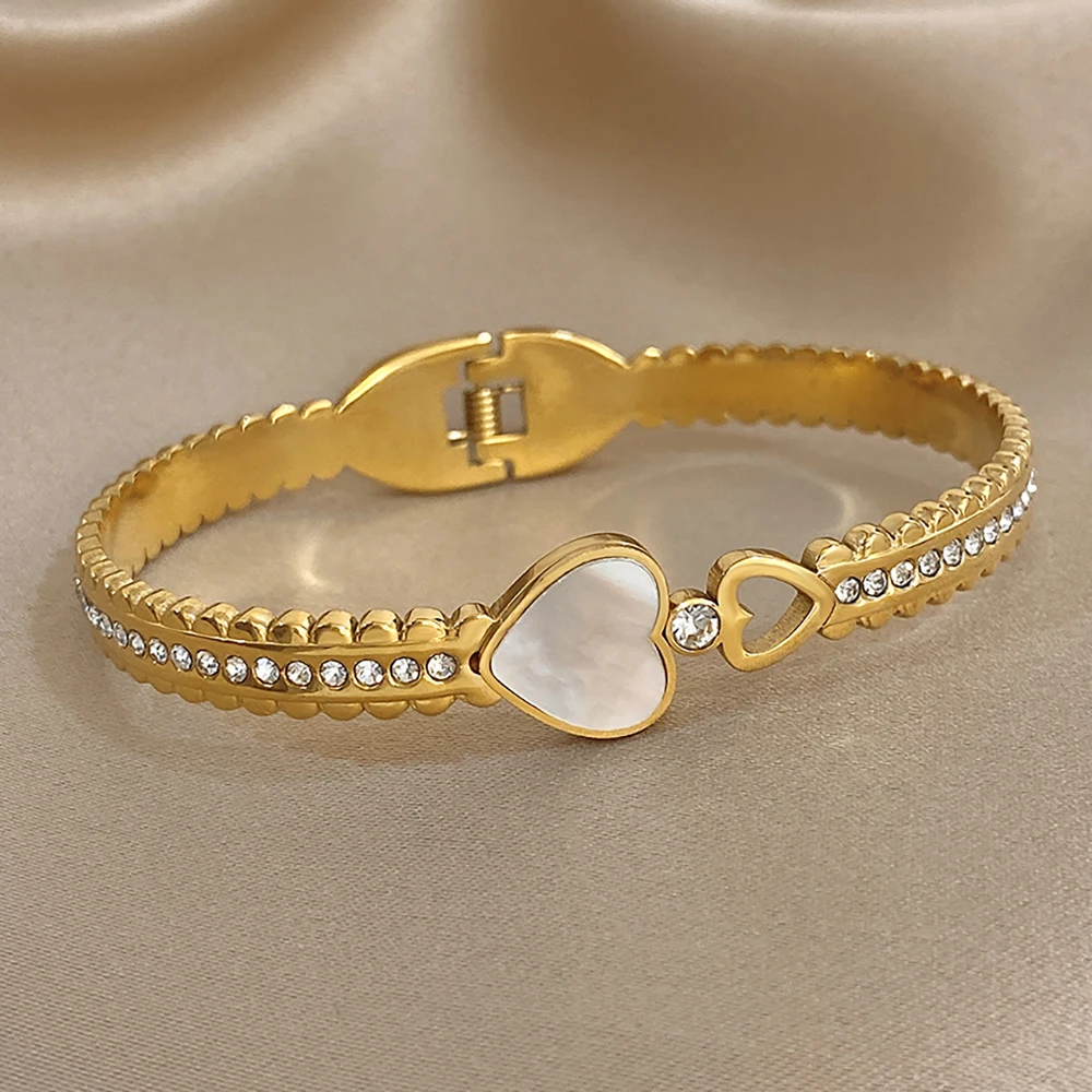 أنيقة الفولاذ المقاوم للصدأ مطعمة شل القلب الزركون الكفة سوار للنساء الرجال الزفاف الزفاف المفتوحة الإسورة مجوهرات عيد الحب