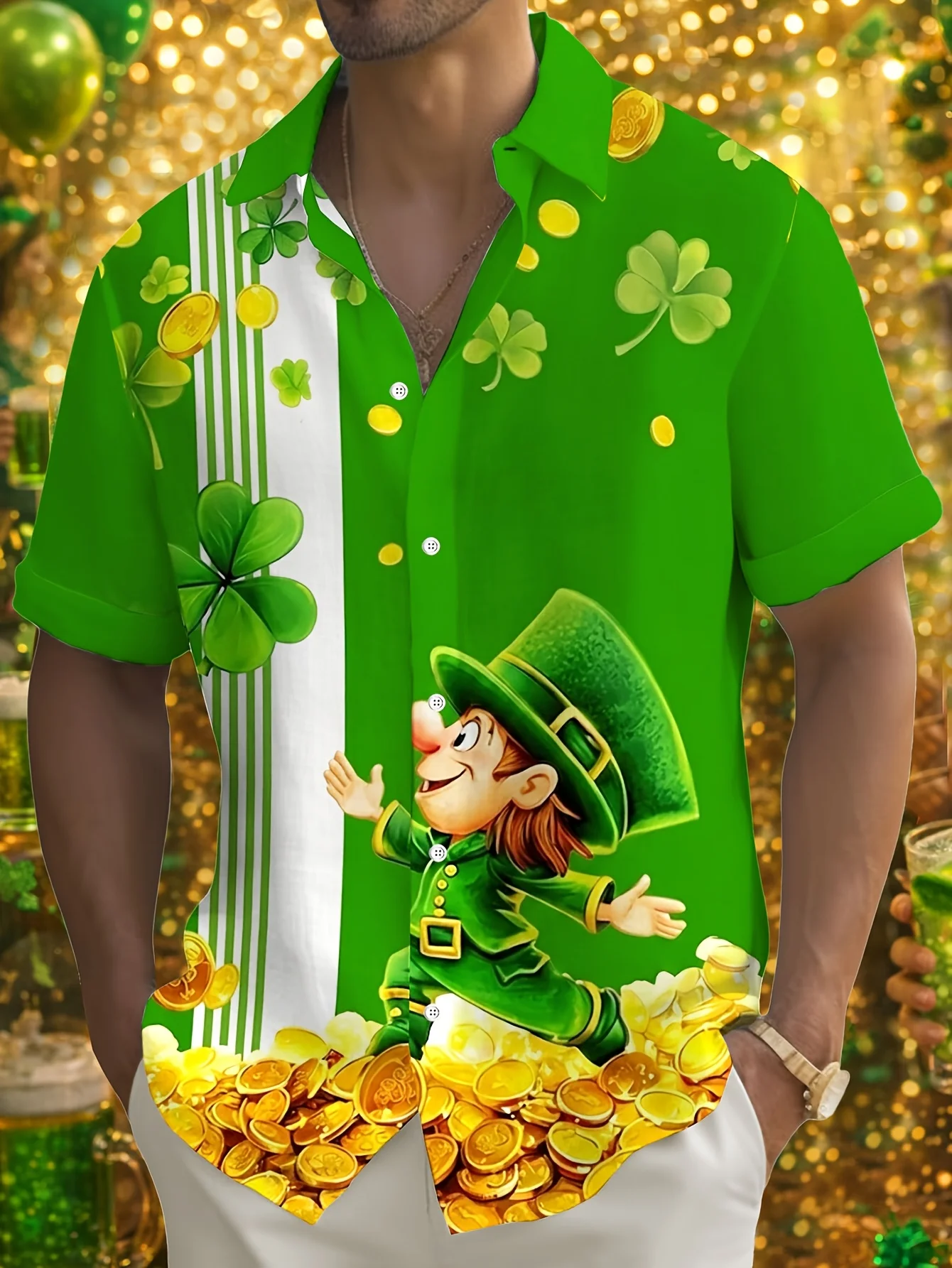 Men's Hawaiian Shirt St. Patrick's Day Leprechaun Shamrock Print Short Sleeve Button Down Casual Aloha