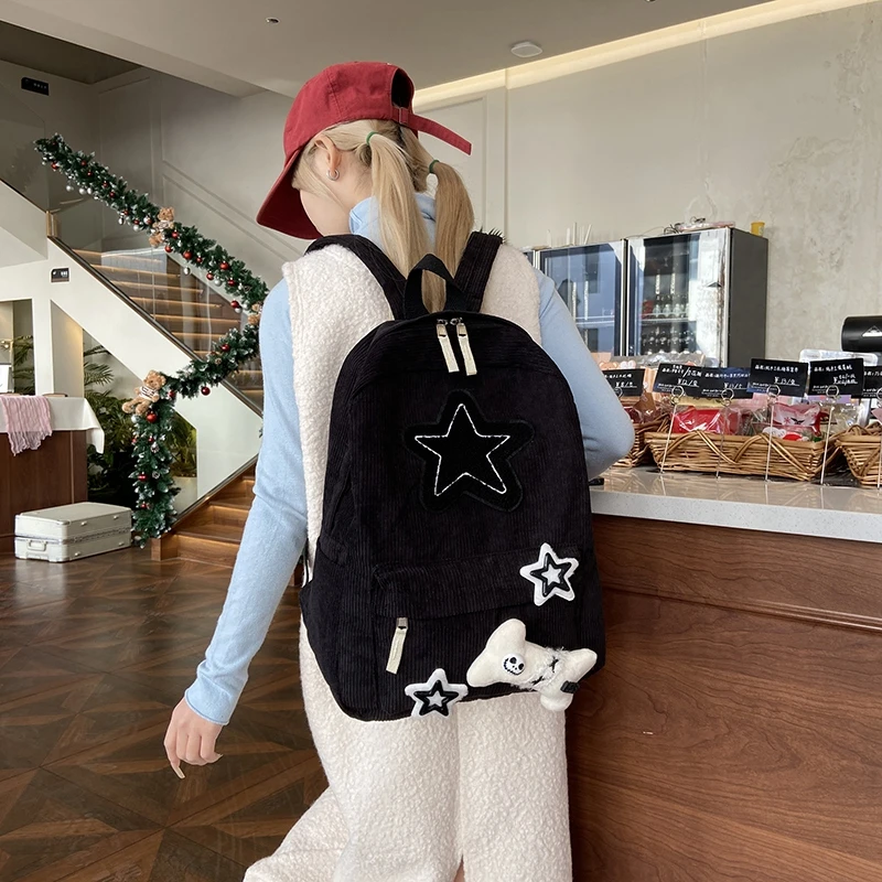Star Patch Decor Unisex Backpack Large Capacity Nylon Student School Bag Laptop Daypack For Travel Study Daily Outdoor Use