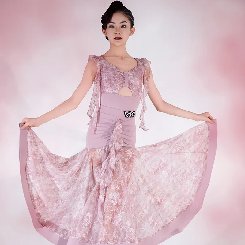 

Girls Ballroom Dancing Competition Dress Kid Waltz Standard Performance Wear Pink Sleeveless Bodysuits Printing Skirt Set XH2547