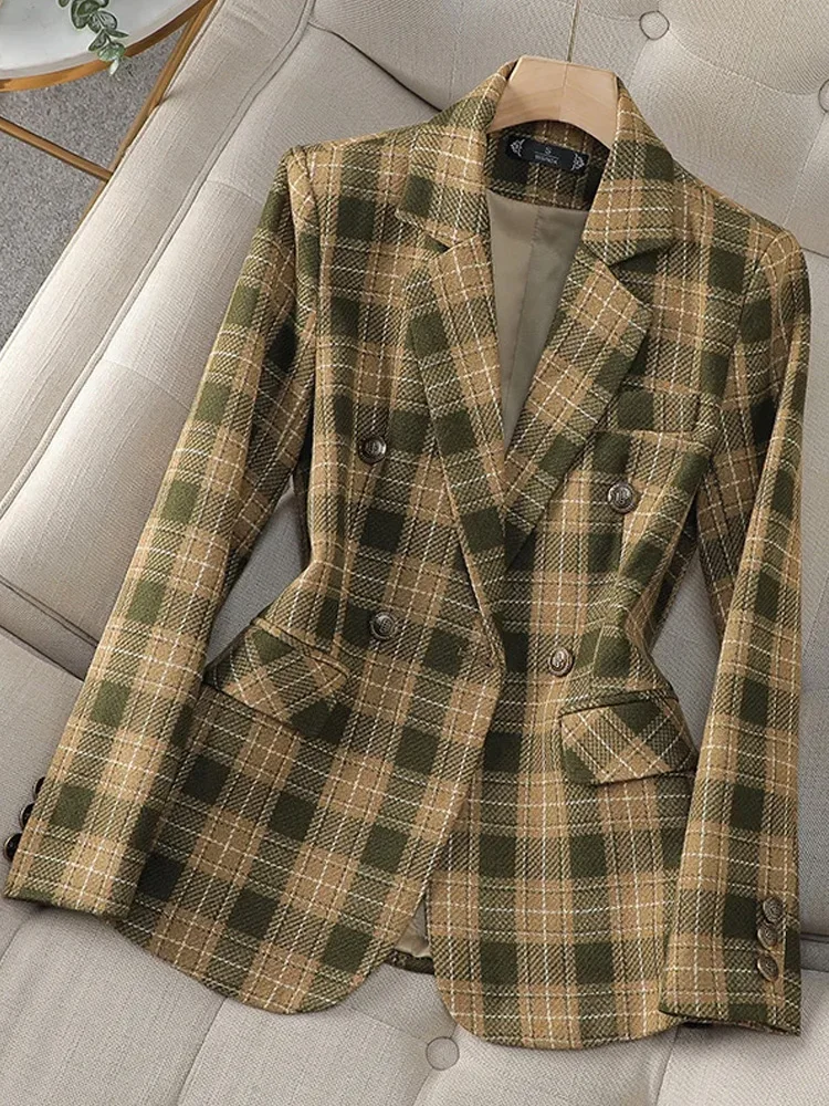 Green Coffee Plaid Women Blazer Ladies Long Sleeve Female Slim Casual Jacket For Autumn Winter