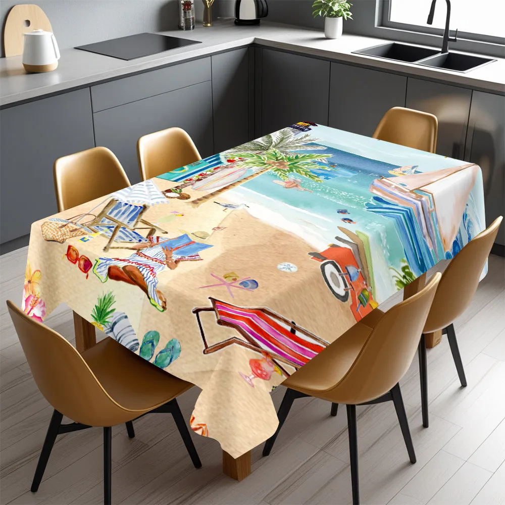 Beach Vacation Tablecloth, Sand Base With Seaside Holiday Graphics, Rectangular Table Cover for Dining Table & Summer Home Decor