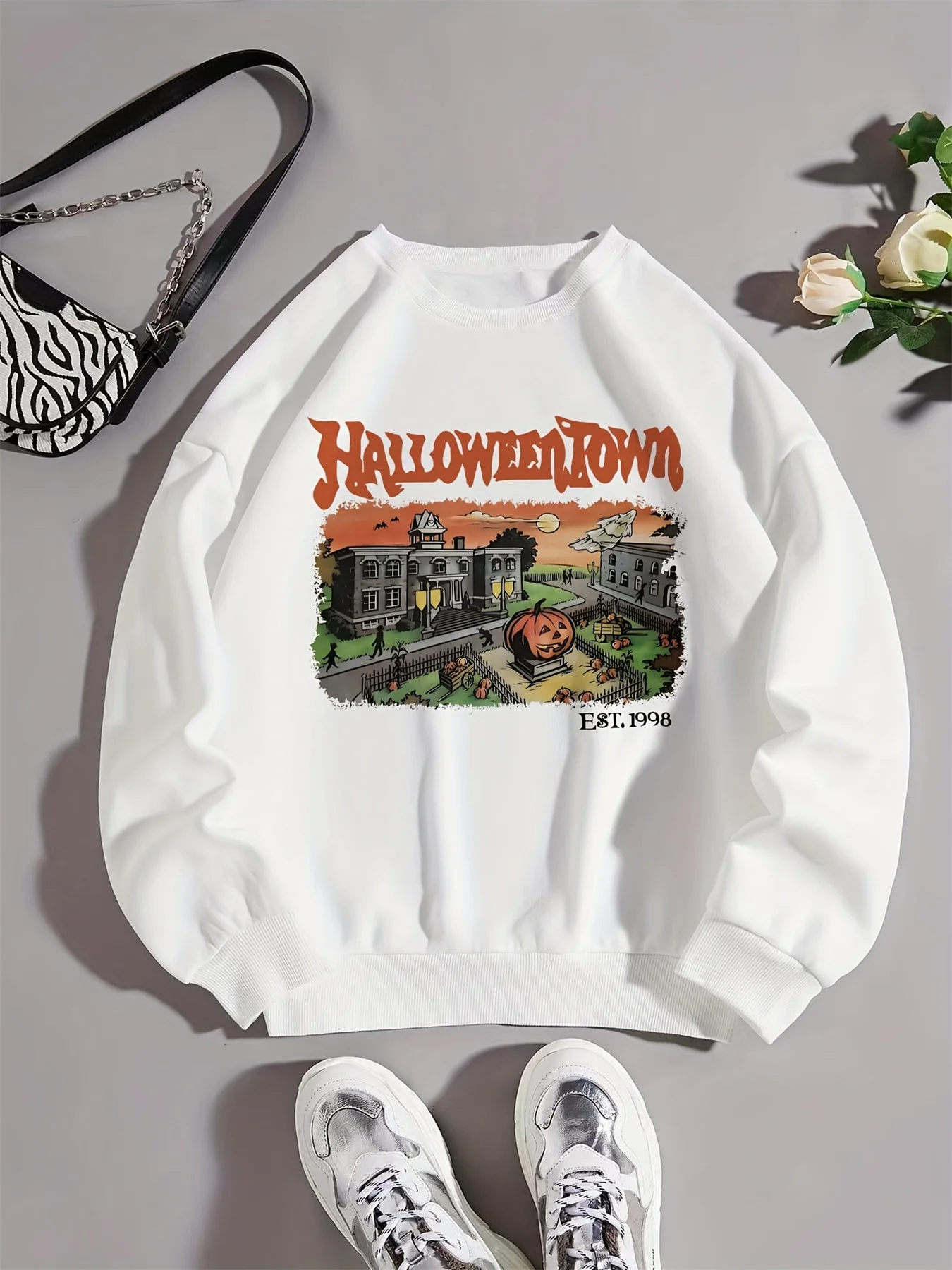 

Женский осенне-зимний свободный повседневный бархатный пуловер с капюшоном и длинными рукавами с принтом города Хэллоуина