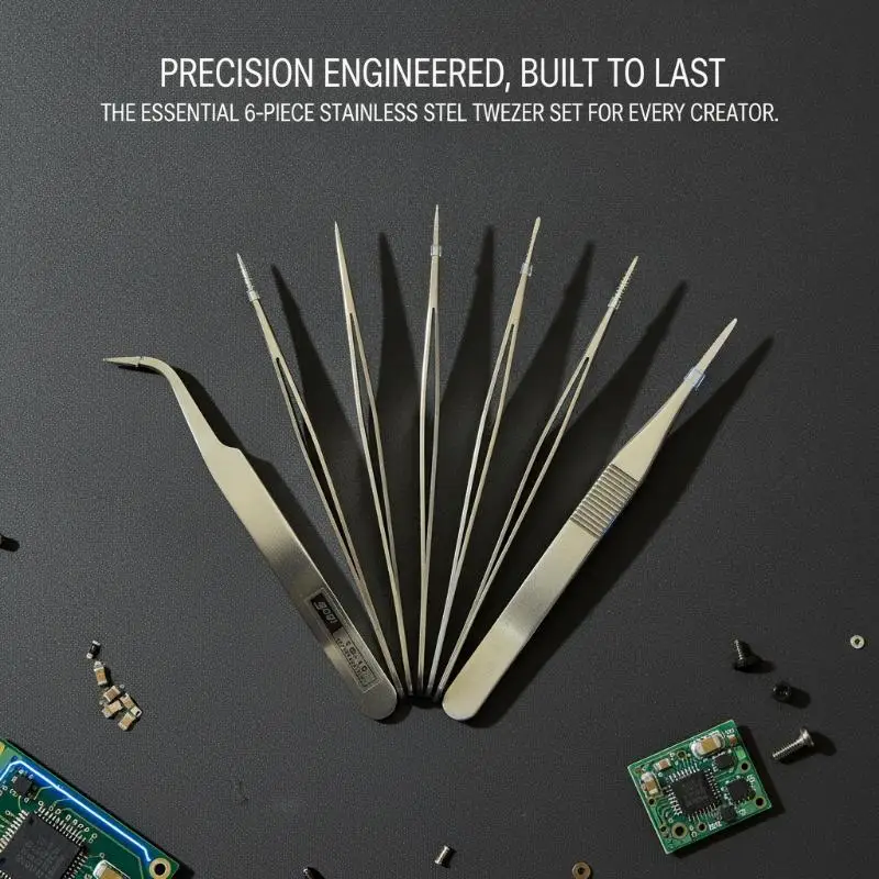6-teiliges Pinzetten-Set aus Edelstahl mit geraden und gebogenen Präzisionsspitzen für Reparaturarbeiten in der Industrieelektronik – Detail 5