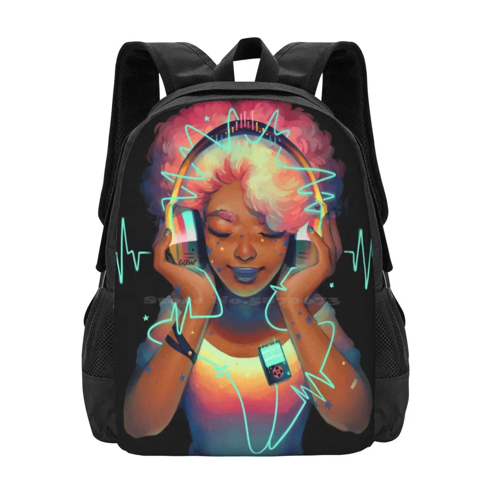 Music Bag Backpack For Men Women Girls Teenage Music Headphones Retro Chillhop Rainbow Afro Black Art