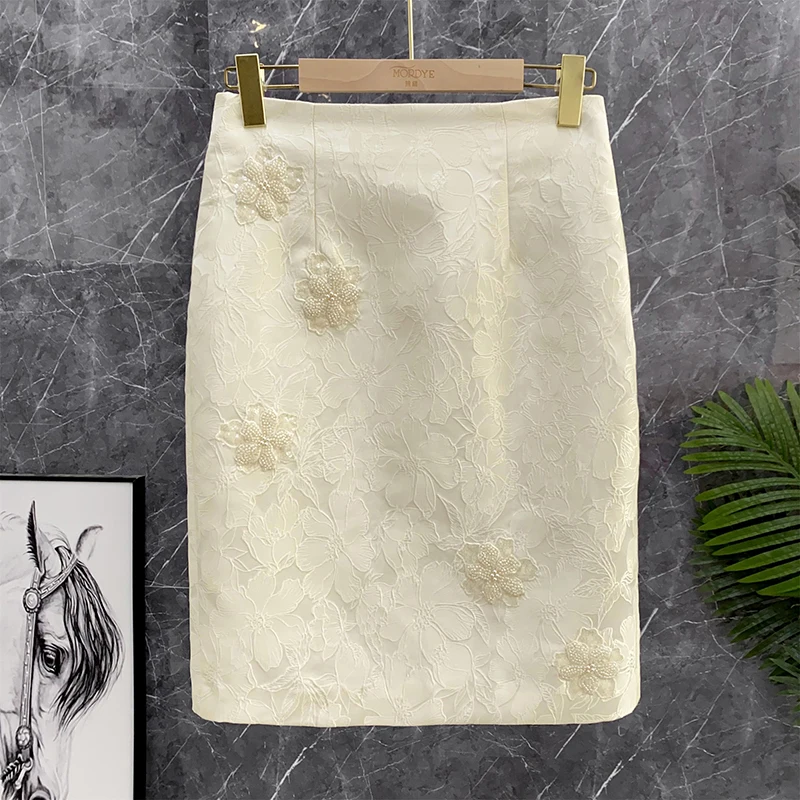 

Elegant High Waist Embroidered Lace Bodycon Skirt Diamond Stitching A-Line Midi Skirt for Women Spring Commute Pure Color