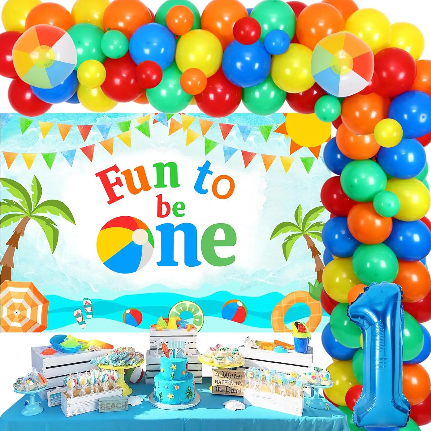 

Beach Ball Themed 1st Birthday Party Decor Fun To Be One Banner Garland Arch Kit for Boys Girls First Birthday Party Supplies