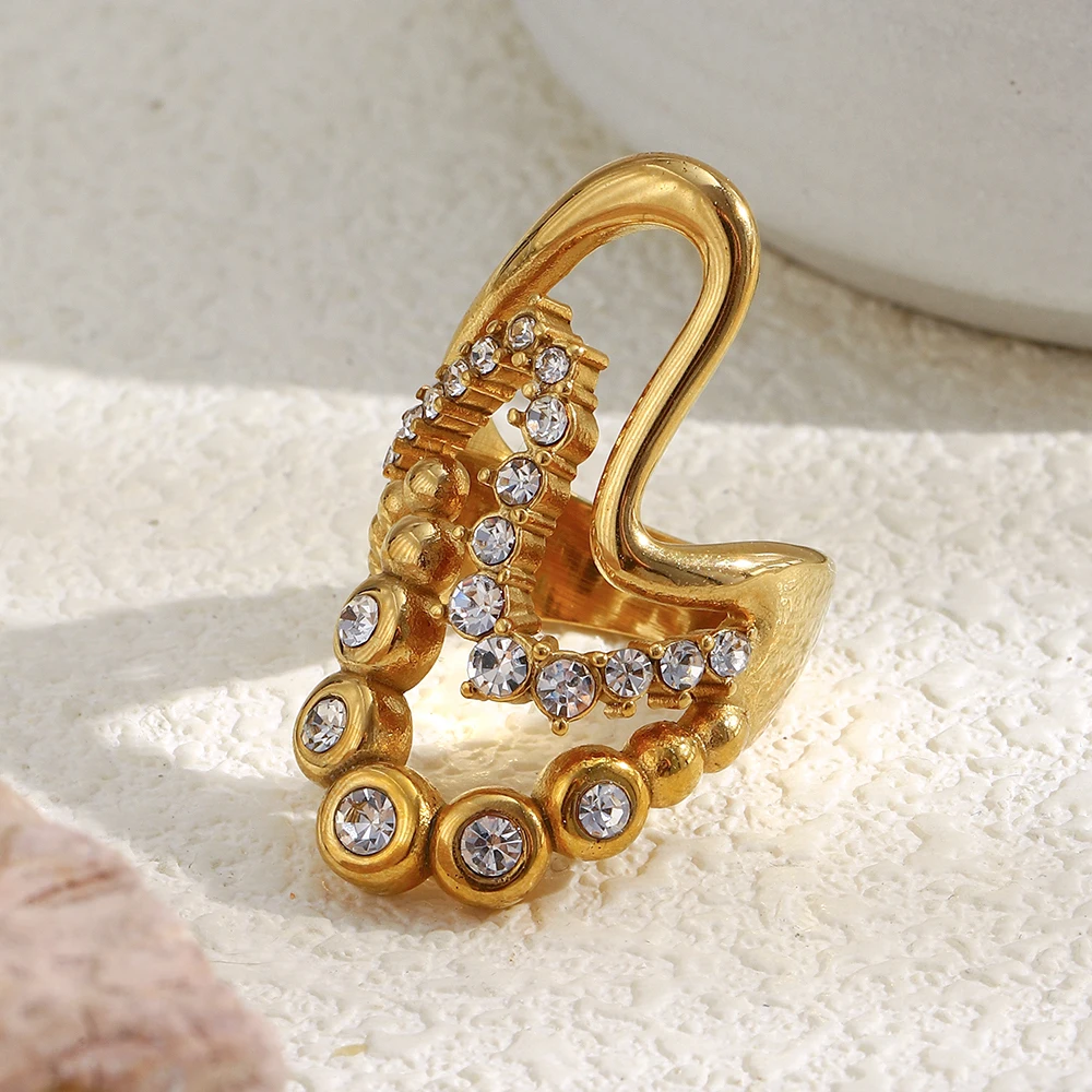 MamacitaSlay 316L Stainless Steel Zircon Multilayer Wave Wide Ring Waterproof 18K Gold Plated Jewelry Women's Elegant Ring Gifts