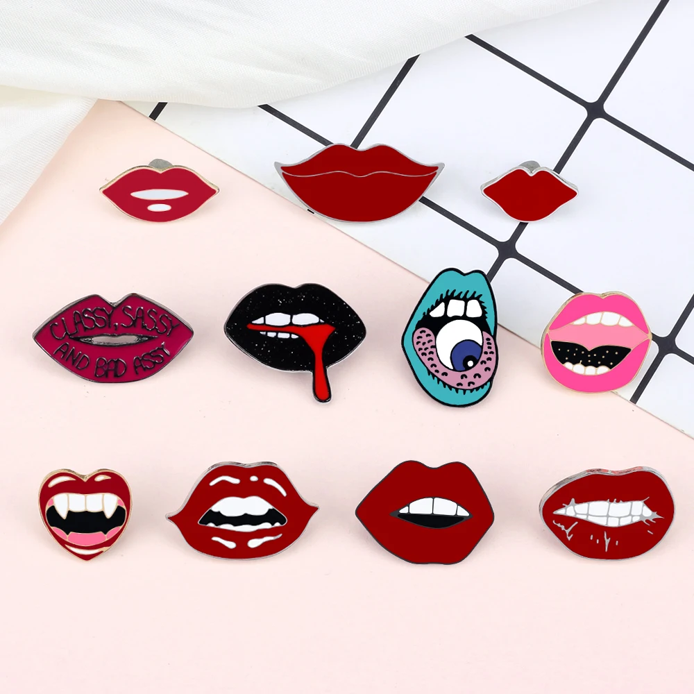 Creative Sexy Red Lips Brooch Cartoon Fashion Punk Enamel Pins For Women Backpack Lapel Badges Jewelry Friends Gifts Accessories
