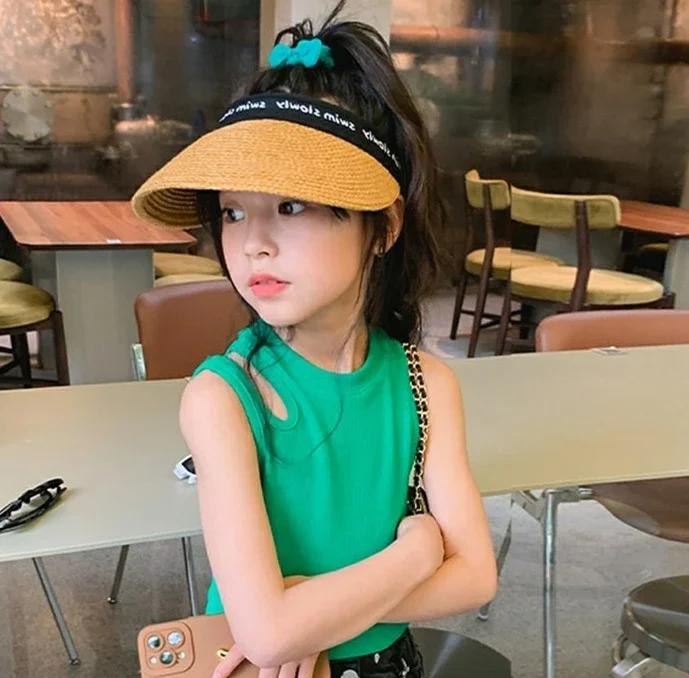 Colete de verão para meninas, moda infantil, tendência de personalidade, versão coreana, esportes, irregular, ombro de fora, suspensório curto