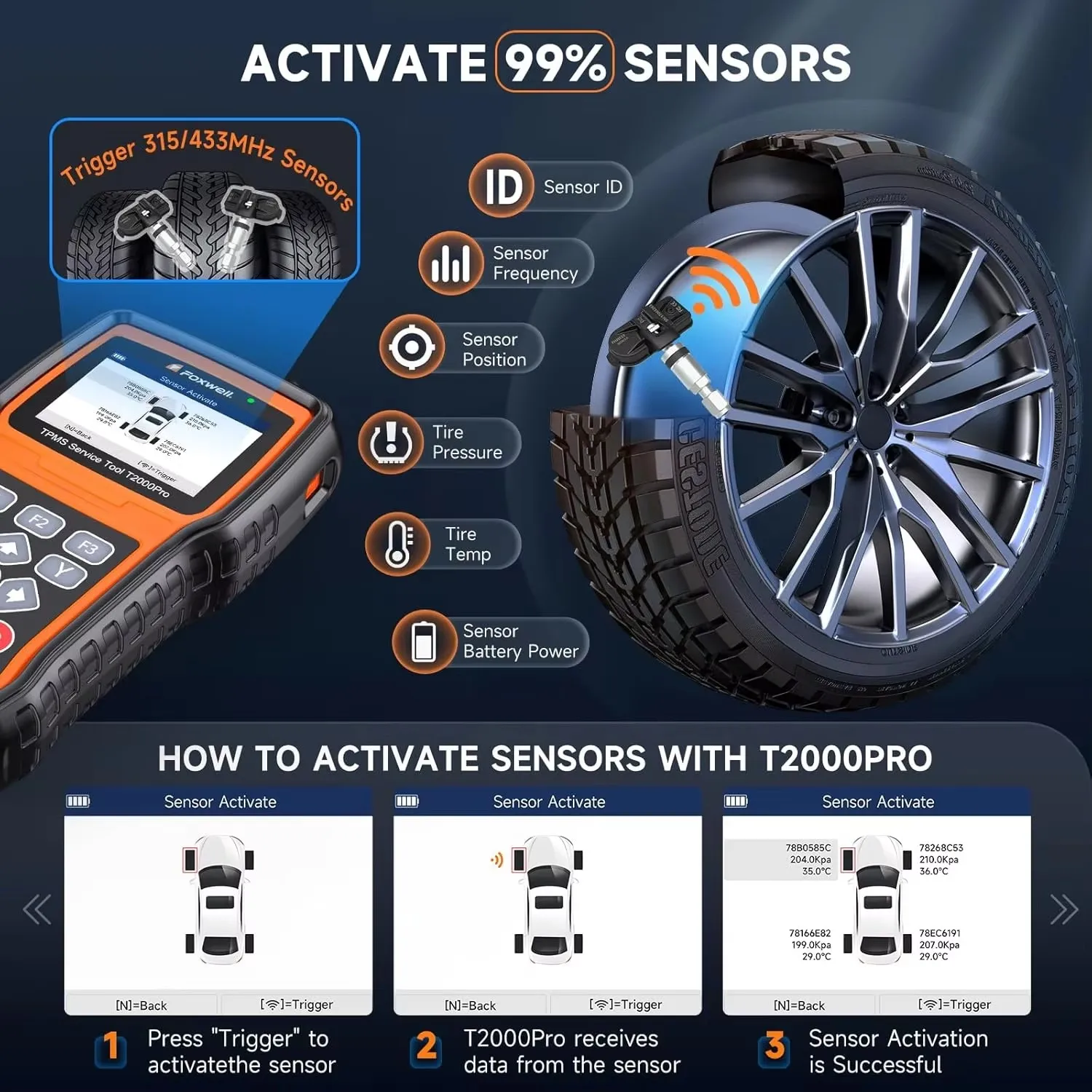 FOXWELL T2000 PRO 車用タイヤ空気圧ツール TPMS 再学習起動センサー