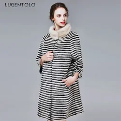 Abrigo elegante de piel sintética de visón para mujer, ropa de calle Simple a rayas, cuello levantado, otoño e invierno, nueva moda, 2023