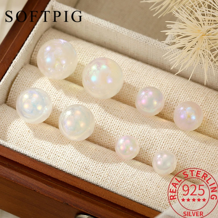 SOFTPIG Real 925 Sterling Silver 8/10/12/14MM Round Pearl Stud Earrings for Women Trendy Fine Jewelry Minimalist Accessories