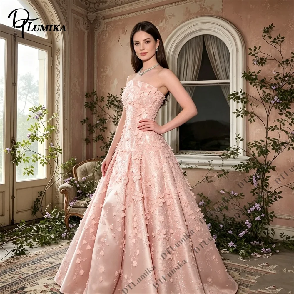 Blush Pink Strapless Satin Ball Gown Evening Dress Strapless 3D Floral Appliques Long Party Prom Dress Customized Wedding Gown